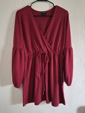Justify Wine Red Wrap-Front Long Sleeve Dress